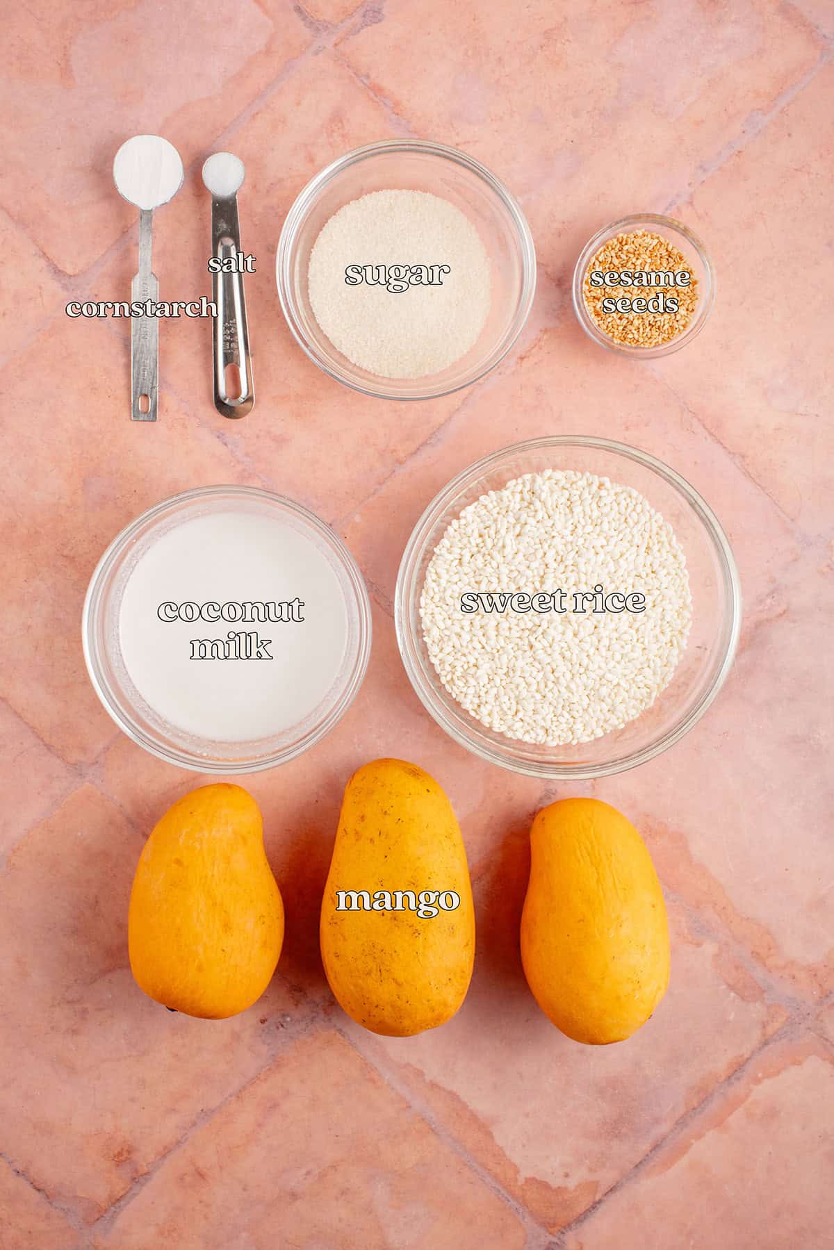 labeled ingredients for mango sticky rice: cornstarch, salt, sugar, sesame seeds, coconut milk, glutinous sweet rice and mangoes