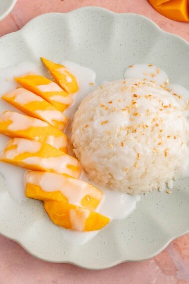 photo of mango sticky rice on a blue plate on a pink table