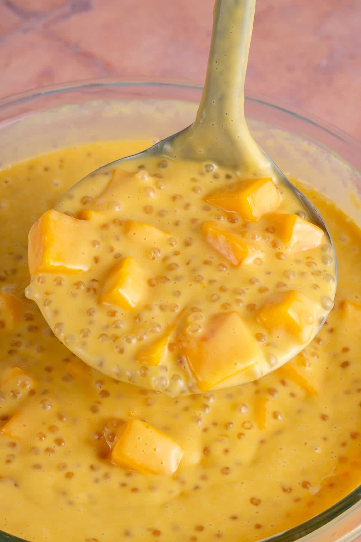 ladle full of mango sago from glass bowl