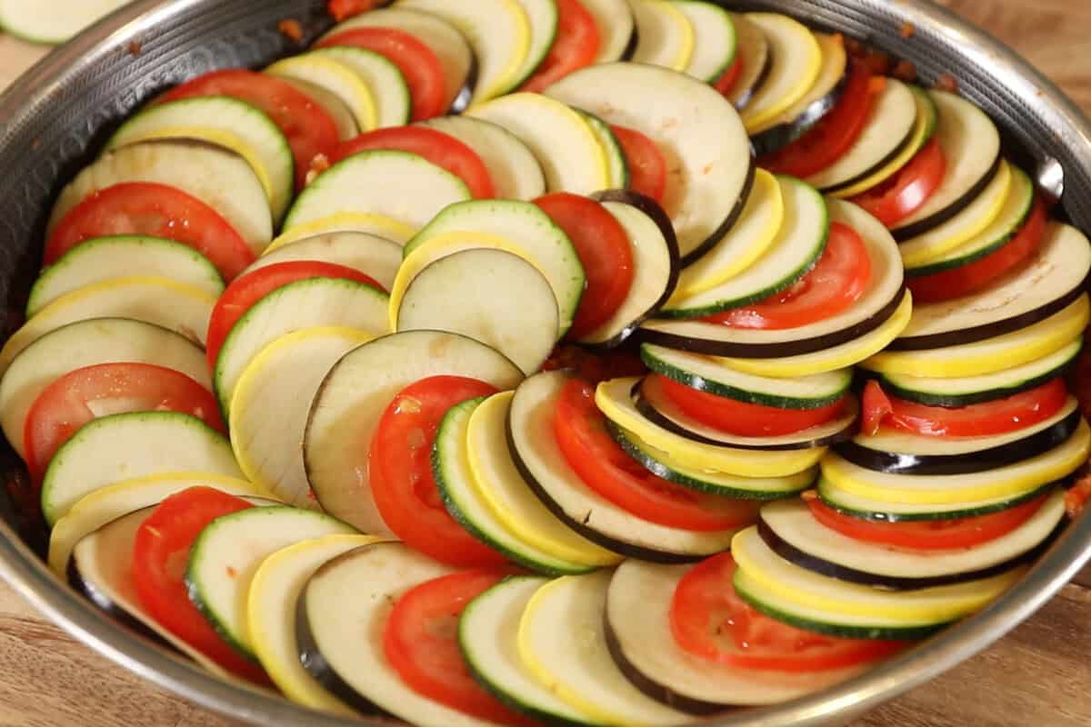 ratatouille in pan before baking