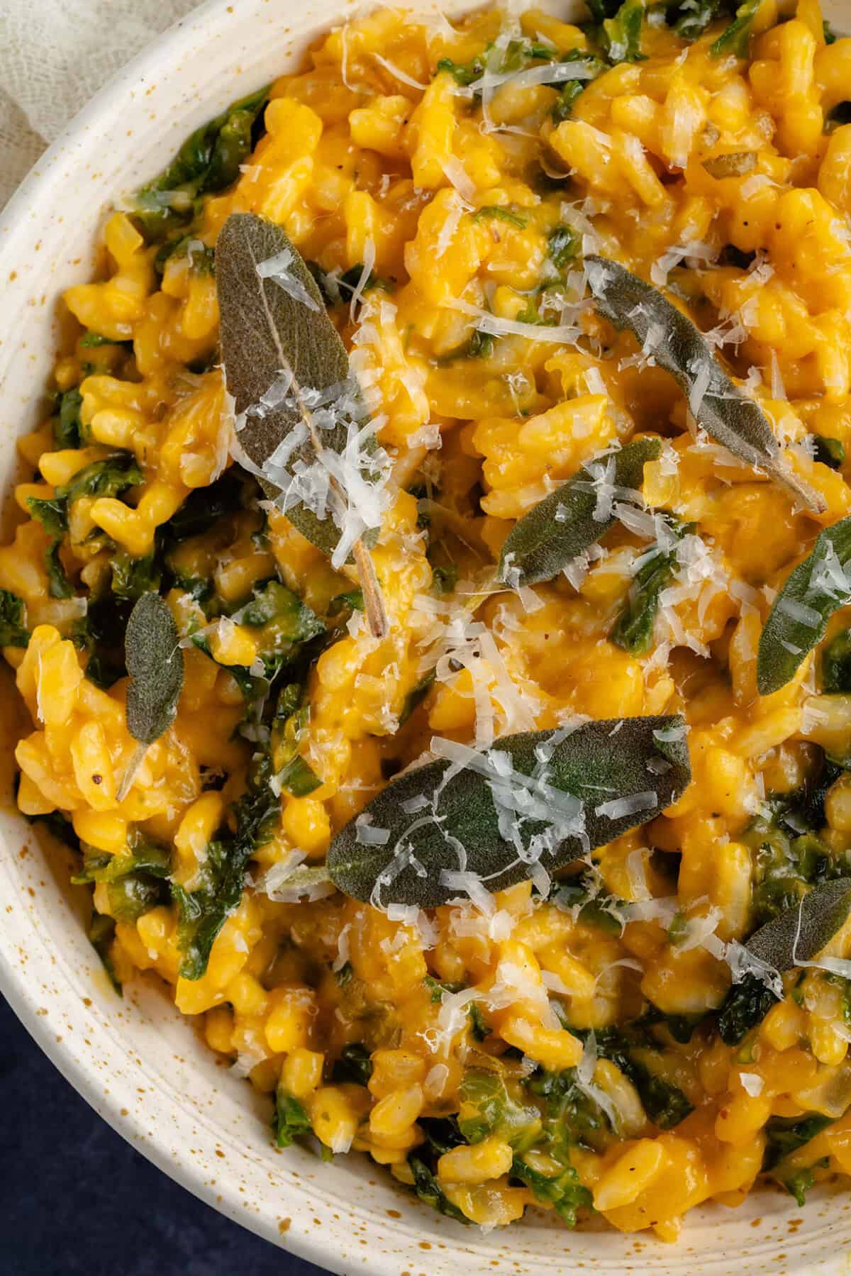 Bowl of butternut squash risotto with kale topped with fried sage and vegan parmesan
