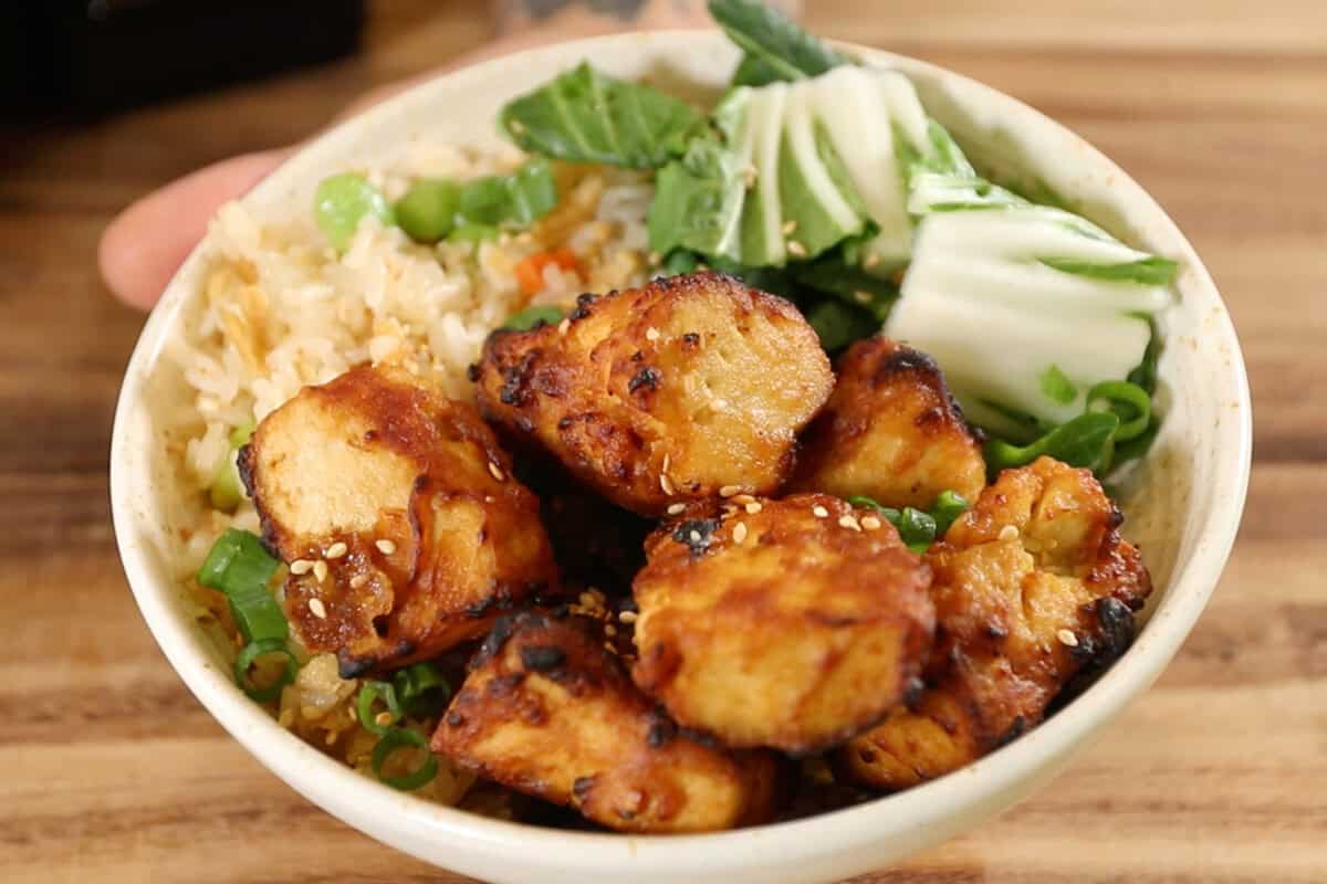 finished miso sesame tofu in a bowl with veggies