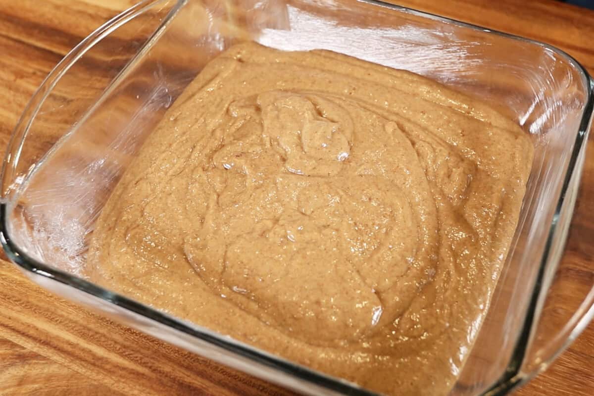unbaked toffee pudding in baking dish