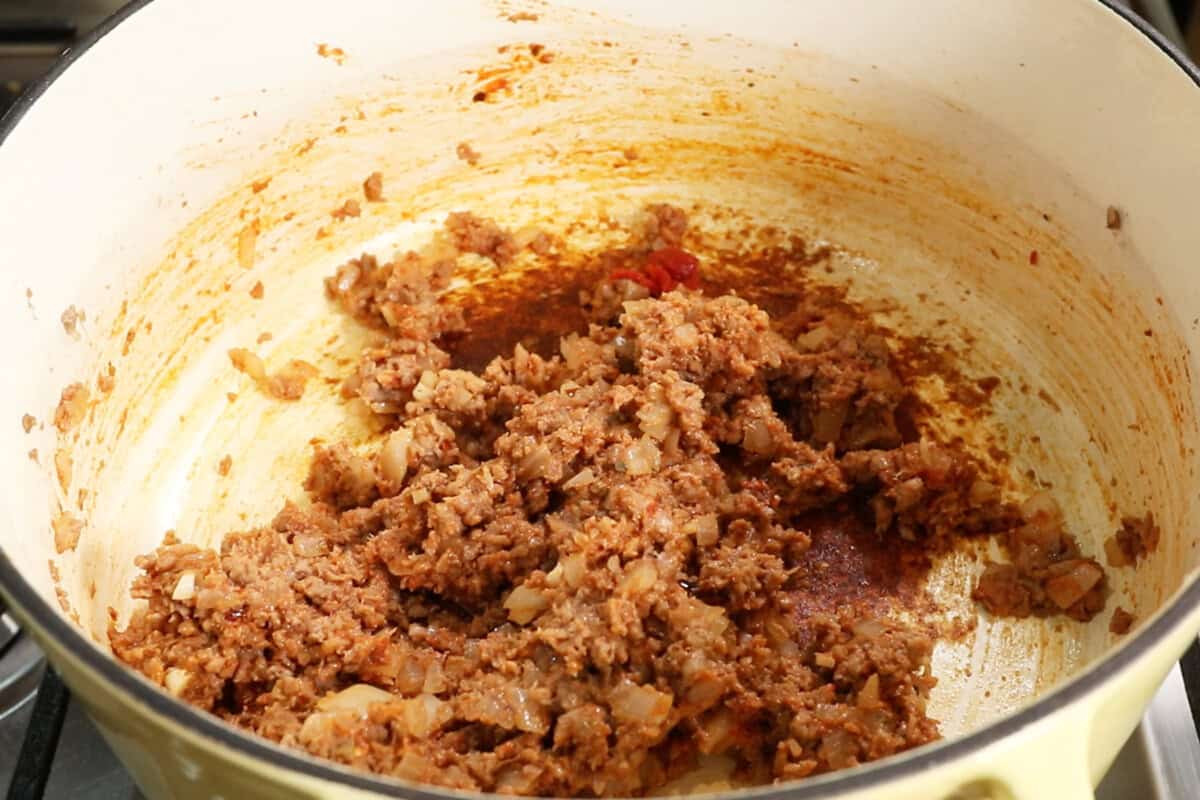 cooked vegan meat in the bottom of the pan