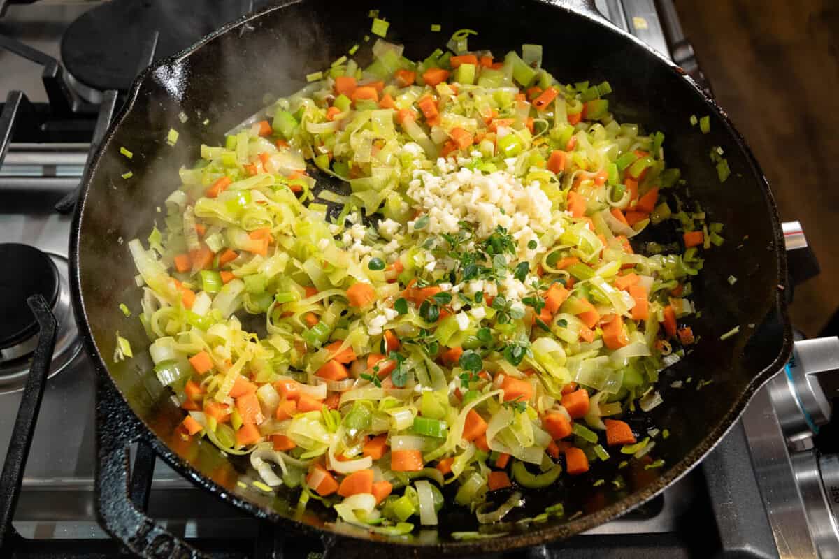 cooking aromatics in large cast iron skillet for pot pie