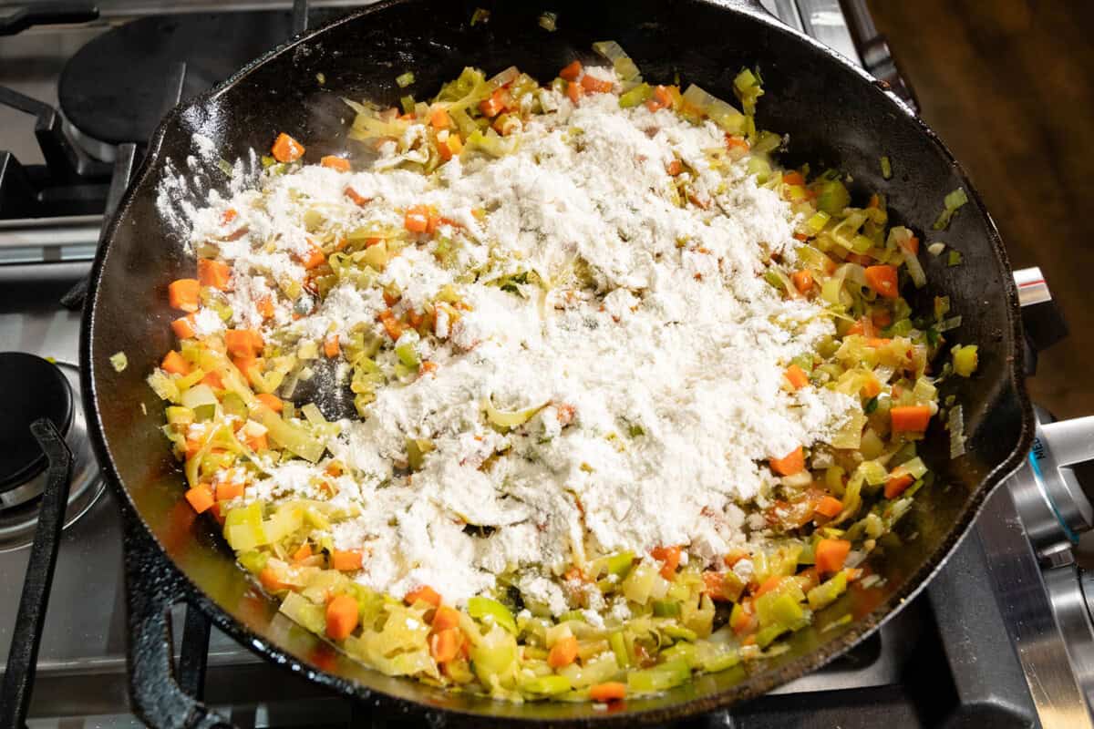 adding flour to mushroom pot pie filling to thicken