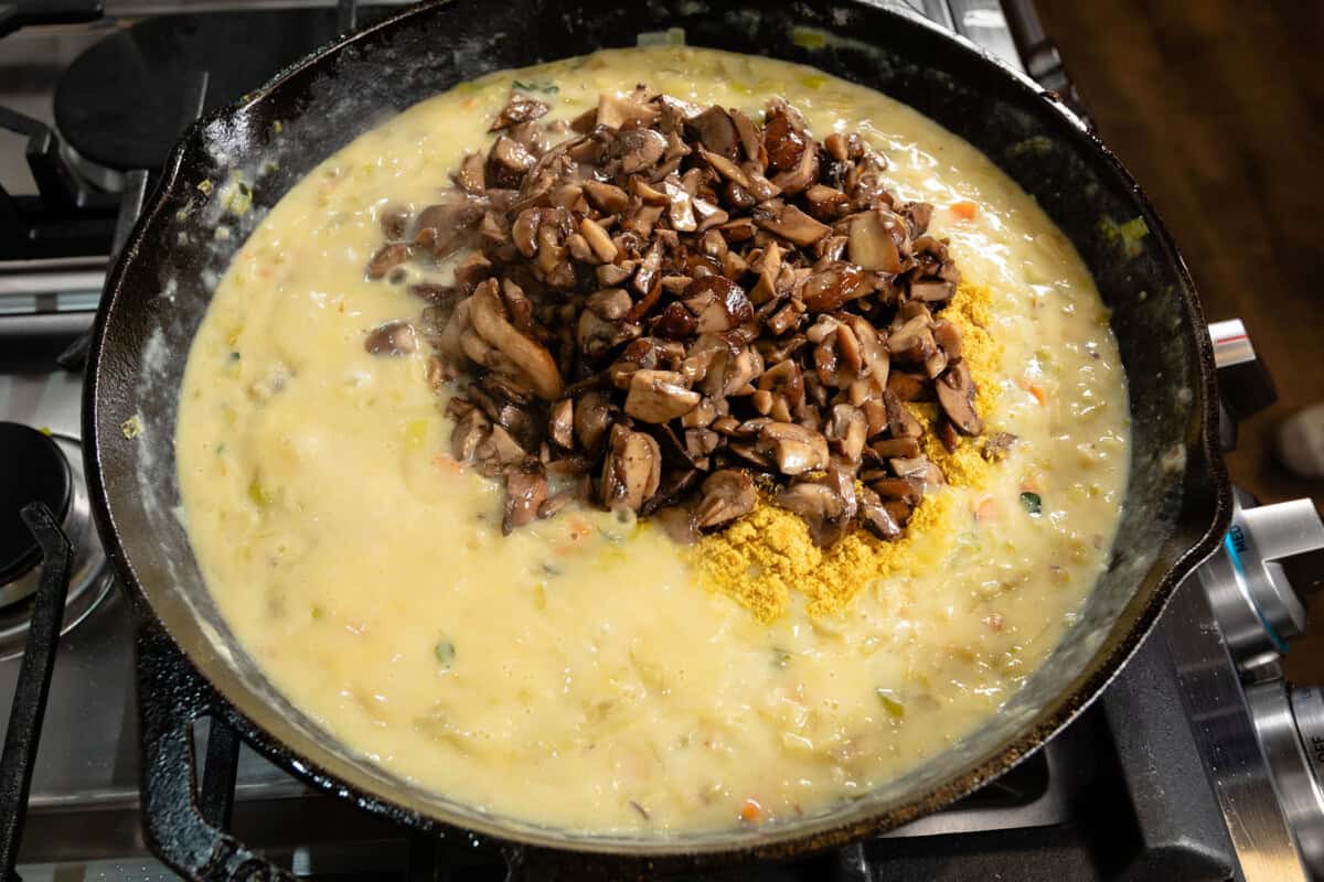 preparing creamy dairy free pot pie filling in large skillet