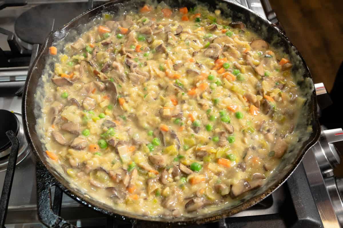 creamy dairy free mushroom pot pie filling in large skillet