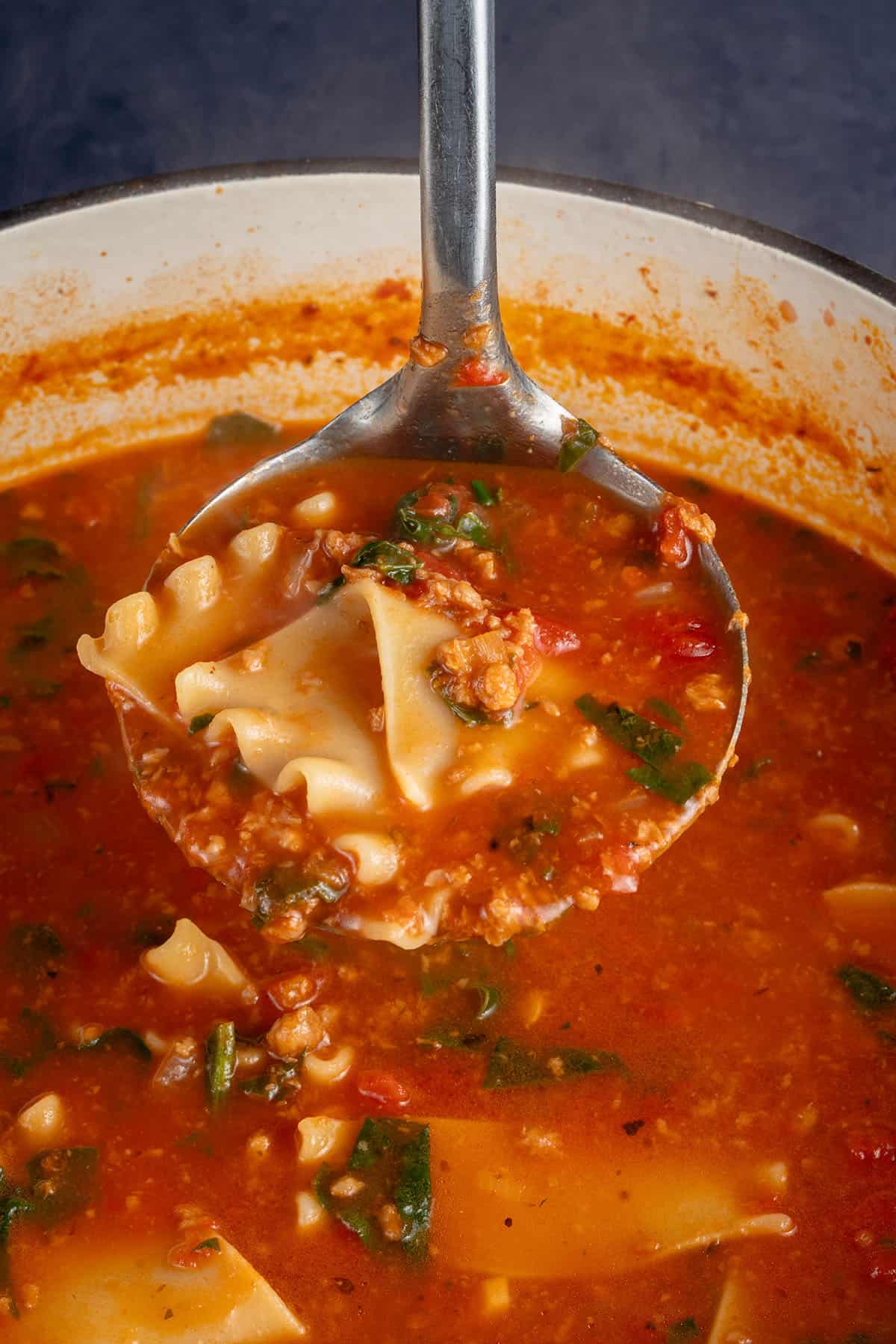 a ladle full of soup over the pot