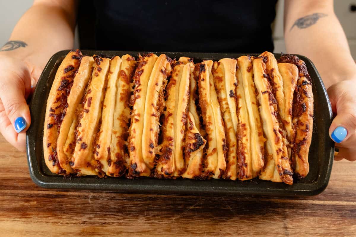 baked french onion pull-apart bread in loaf pan