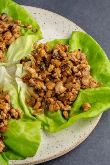 finished PF chang copycat tofu lettuce cups on a plate