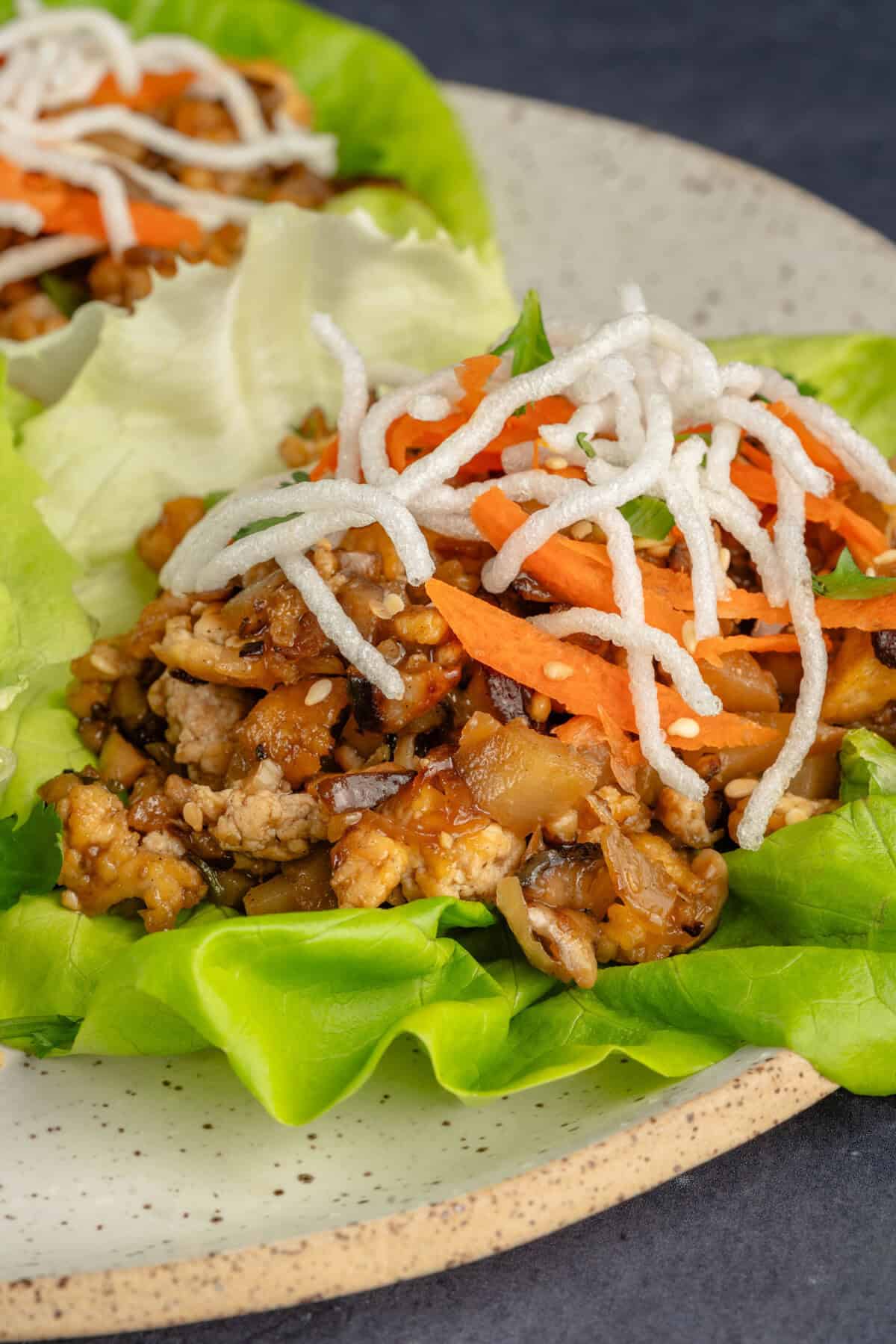 finished PF chang copycat tofu lettuce cups on a plate