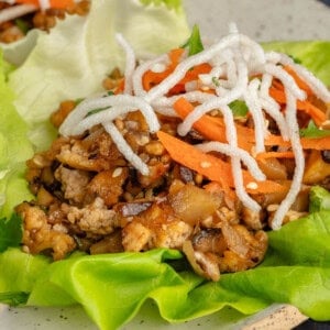 finished PF chang copycat tofu lettuce cups on a plate