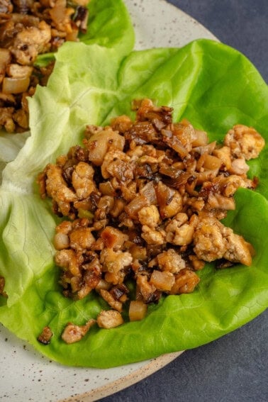finished PF chang copycat tofu lettuce cups on a plate
