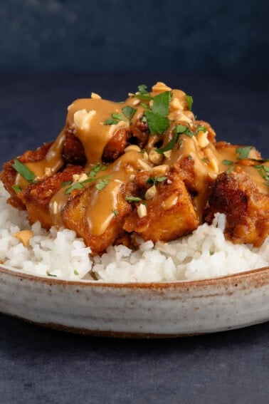 close up photo of a small bowl of white rice topped with easy peanut tofu with chopped peanuts and cilantro