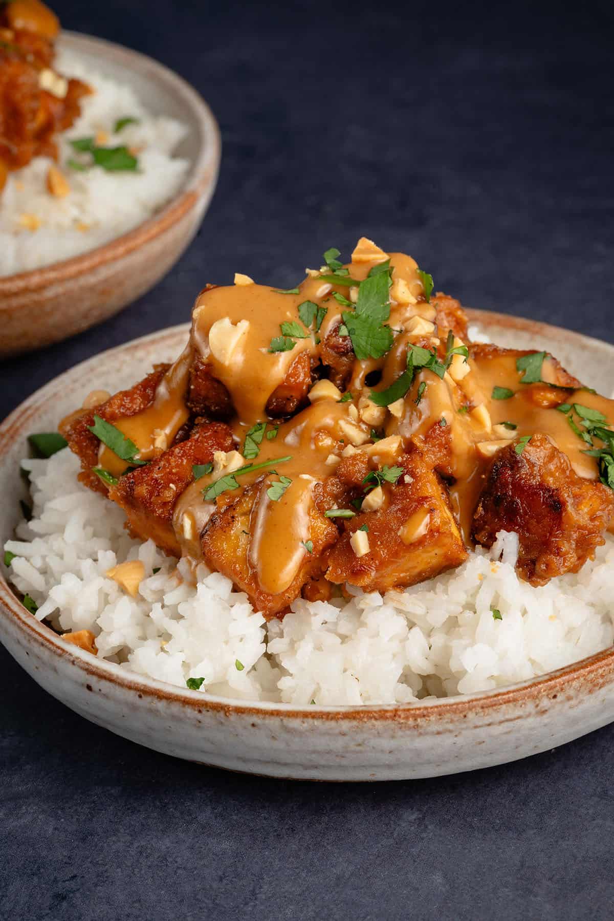 close up photo of 2 small bowls with white rice topped with easy peanut tofu with chopped peanuts and cilantro