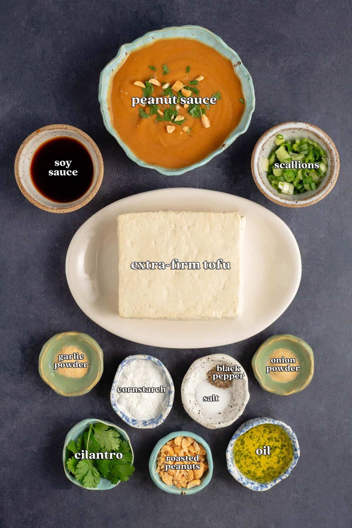 labeled ingredients for easy peanut tofu: peanut sauce, soy sauce, scallions, extra firm tofu, garlic powder, cornstarch, salt, pepper, onion powder, cilantro, roasted peanuts and oil