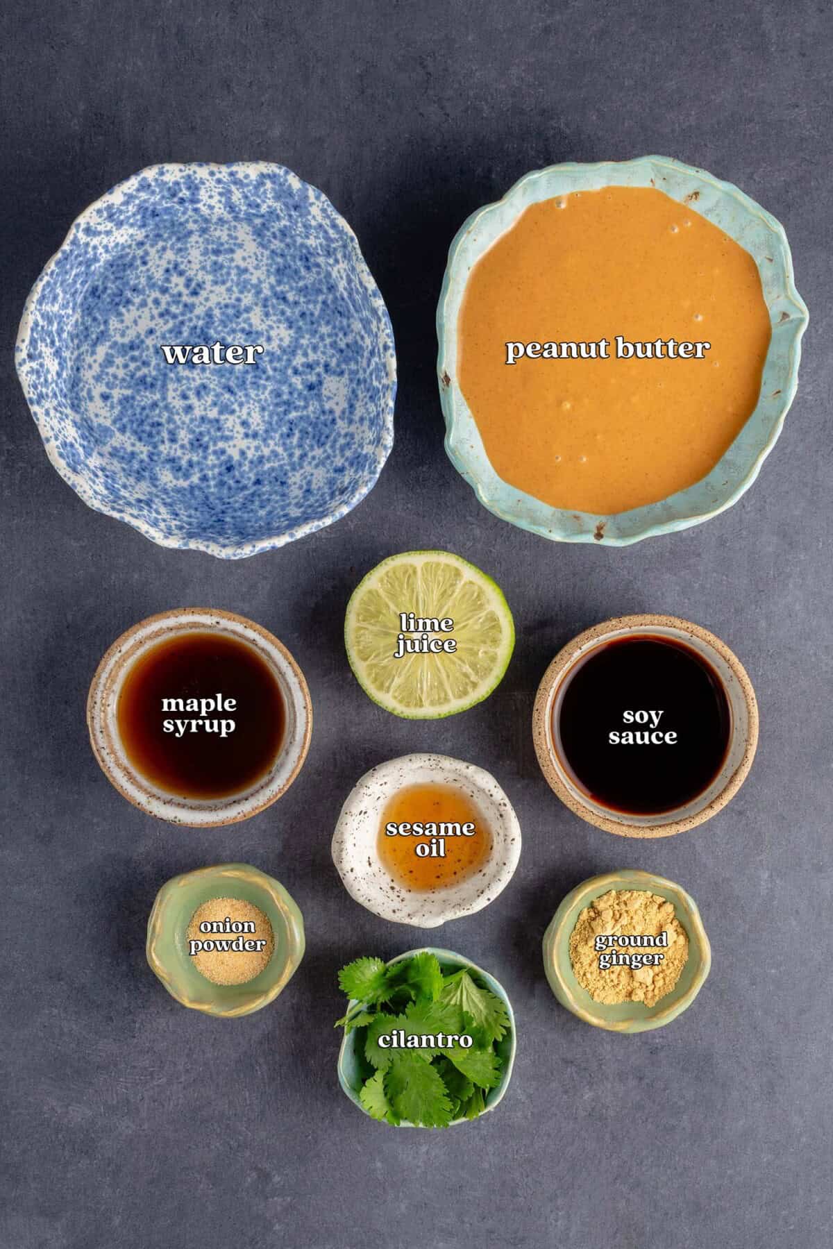labeled ingredients for easy peanut sauce: water, peanut butter, maple syrup, lime juice, soy sauce, sesame oil, onion powder, garlic powder and cilantro