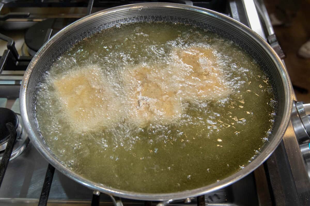 deep frying the tofu slabs