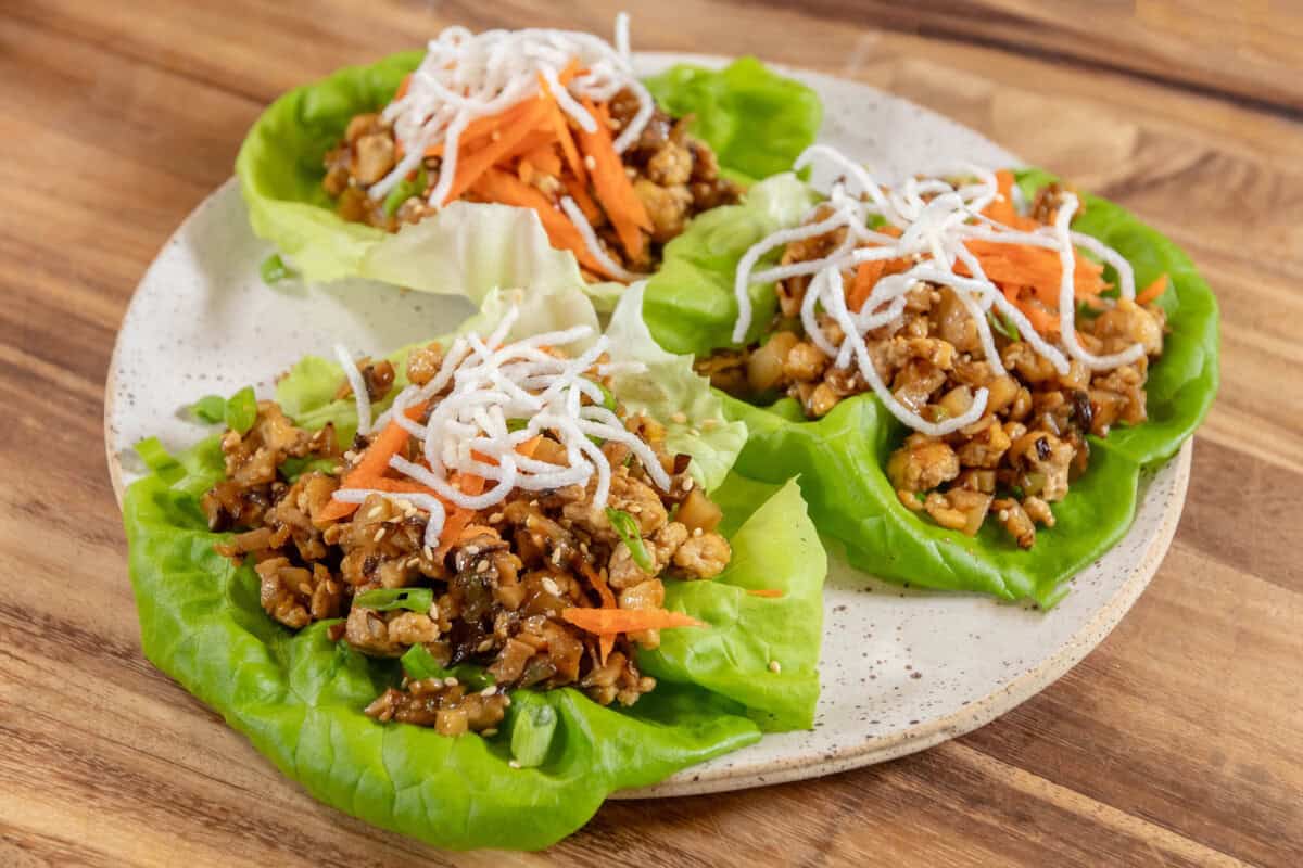 finished PF chang copycat tofu lettuce cups on a plate