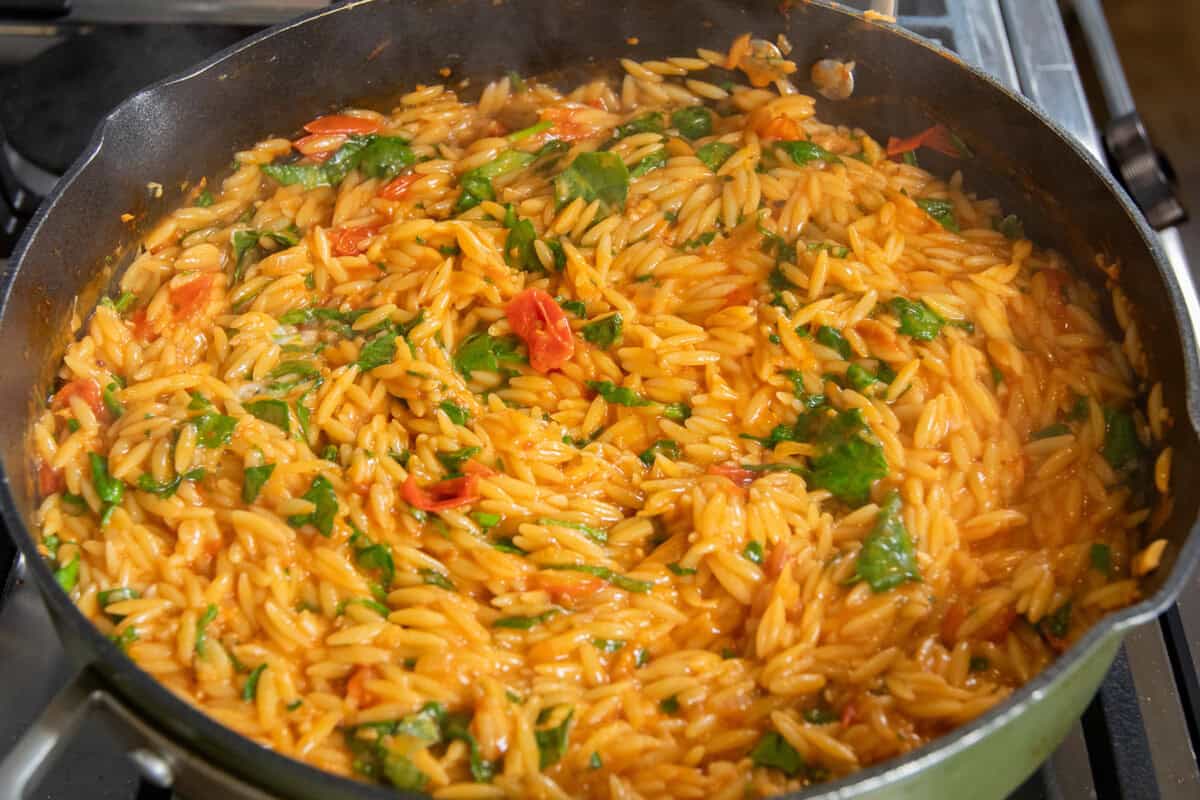 finished one pot creamy tomato orzo on the stove top