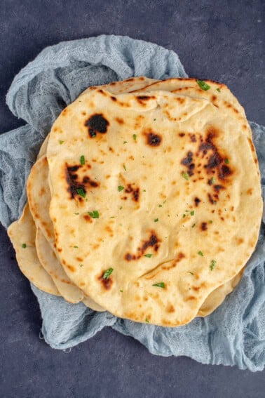 tofu flatbread on blue towel