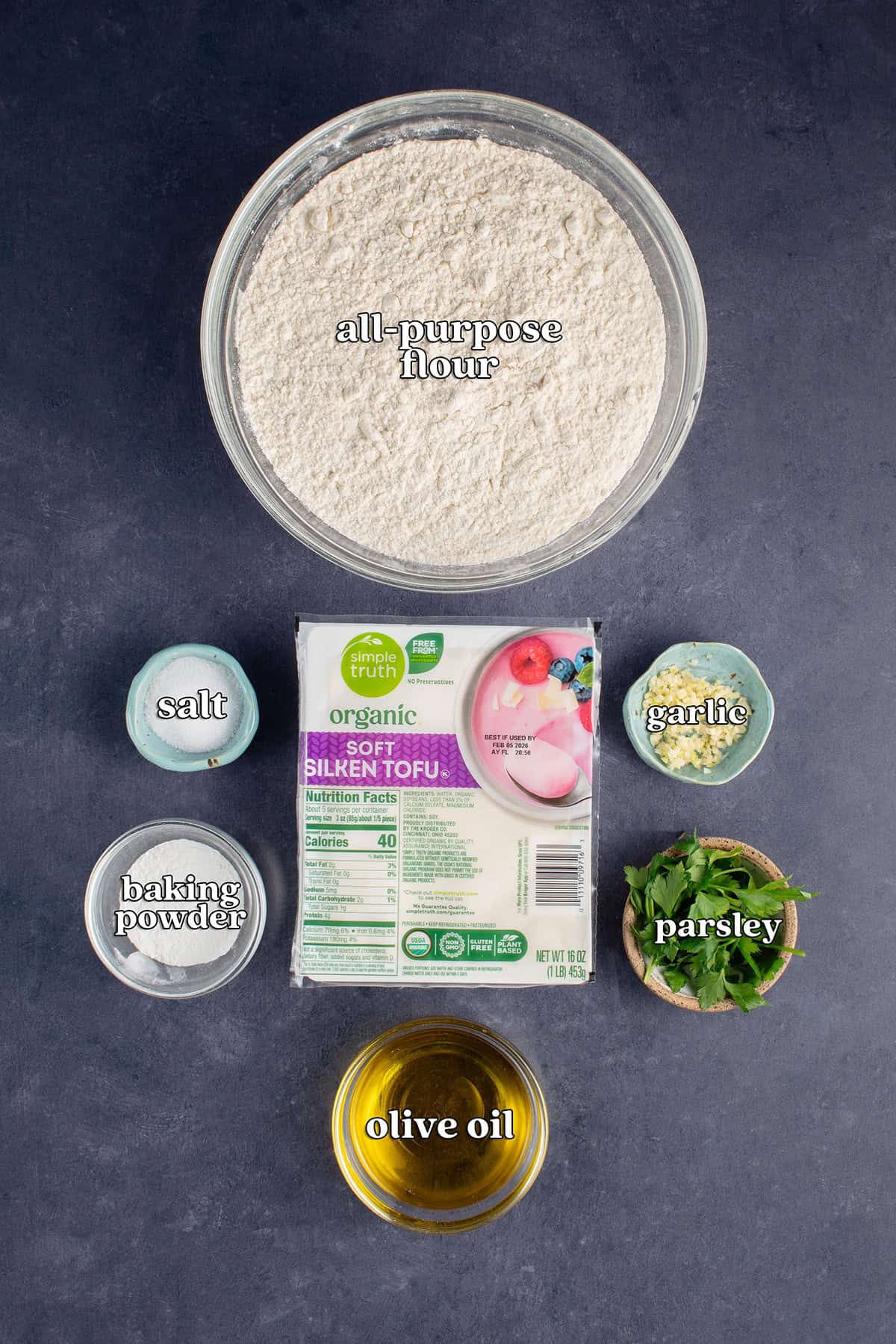 all-purpose flour, salt, soft silken tofu, garlic, baking powder, parsley, olive oil