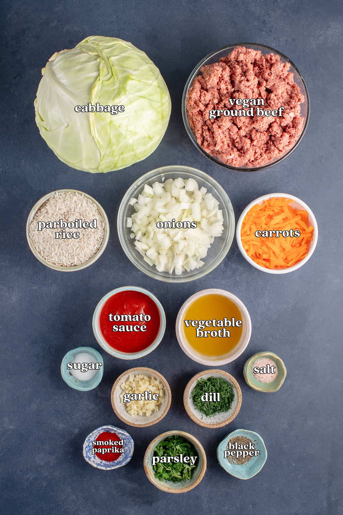 cabbage, vegan ground beef, parboiled rice, onions, carrots, tomato sauce, vegetable broth, sugar, garlic, dill, salt, smoked paprika. parsley, black pepper