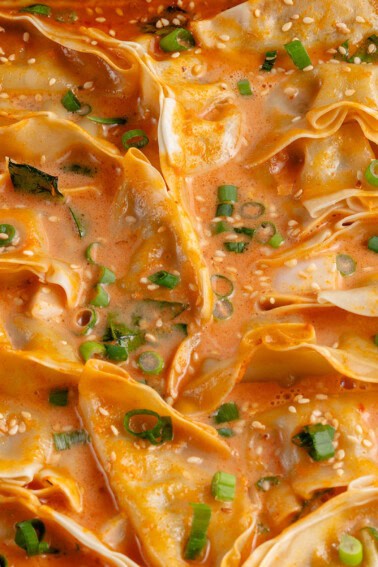 close up of Cooked red curry dumpling bake topped with sesame seeds and scallions in white casserole dish