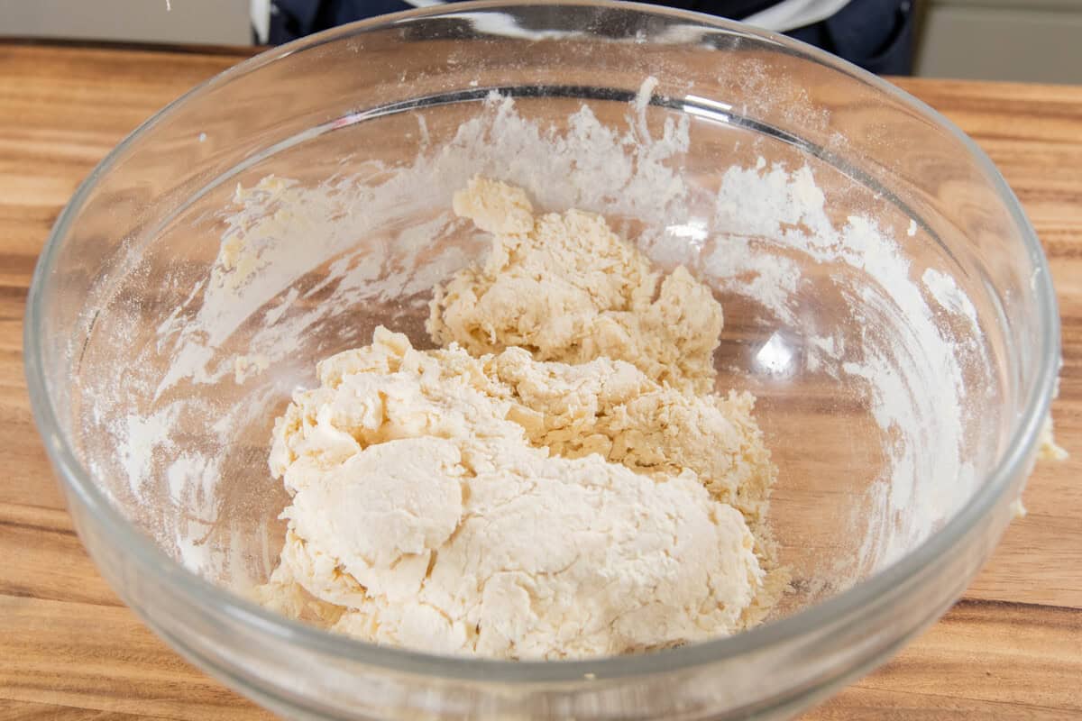 shaggy dough in a glass bowl