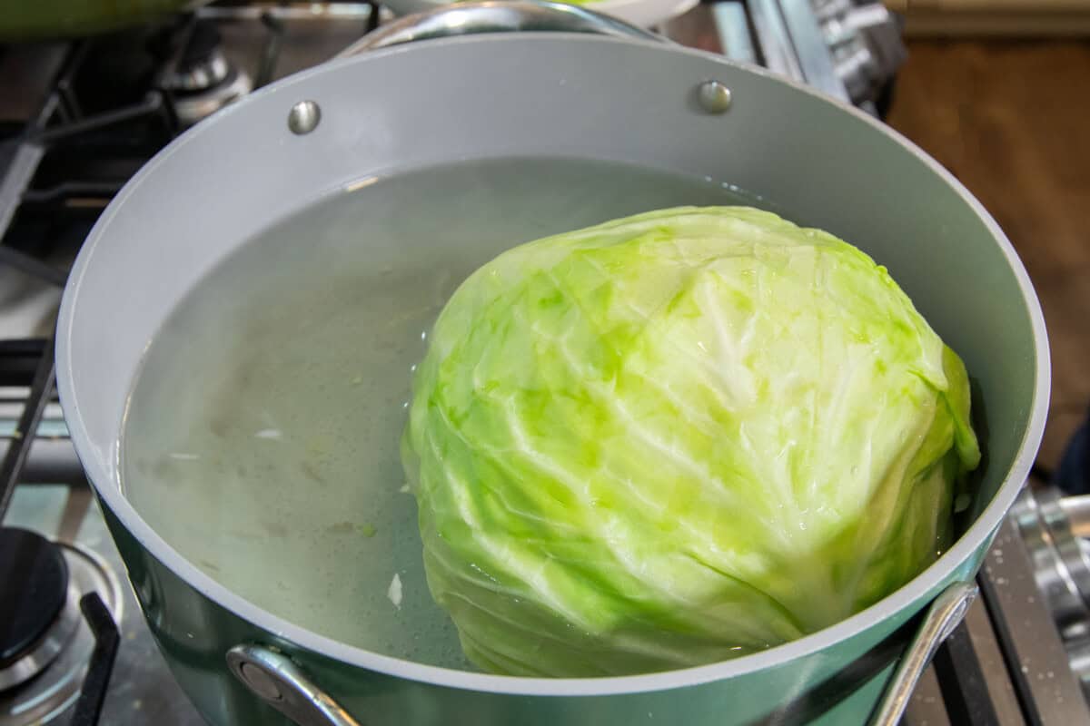 head of cabbage in a large pot of boiling water for cabbage rolls