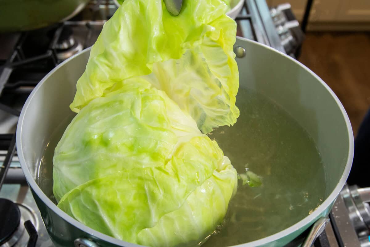 peeling a head of cabbage in a large pot of boiling water for cabbage rolls