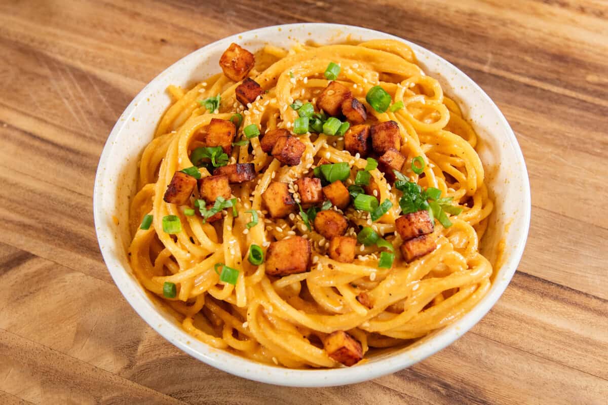 finished plate of gochujang carbonara