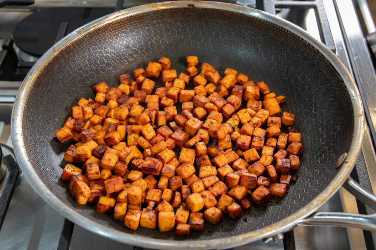 cooked tofu pancetta in a pan