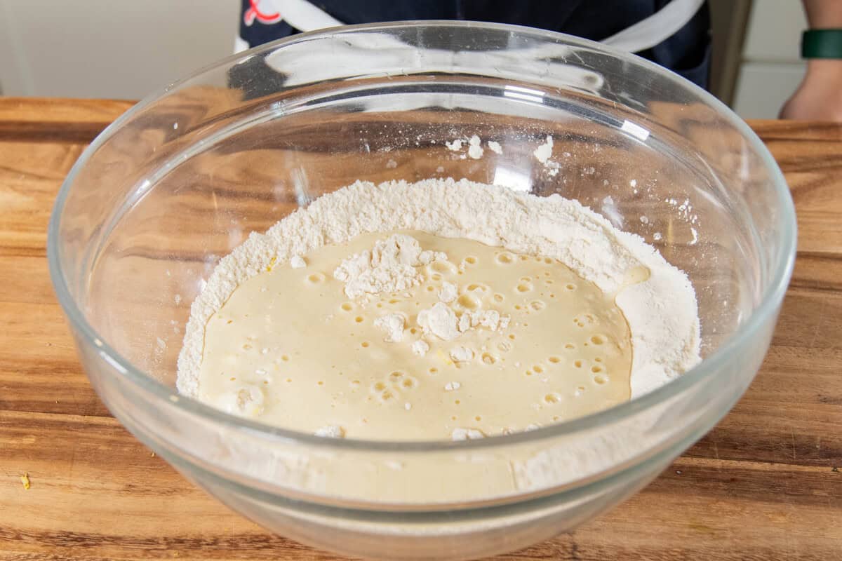 combining the wet and dry ingredients in large bowl