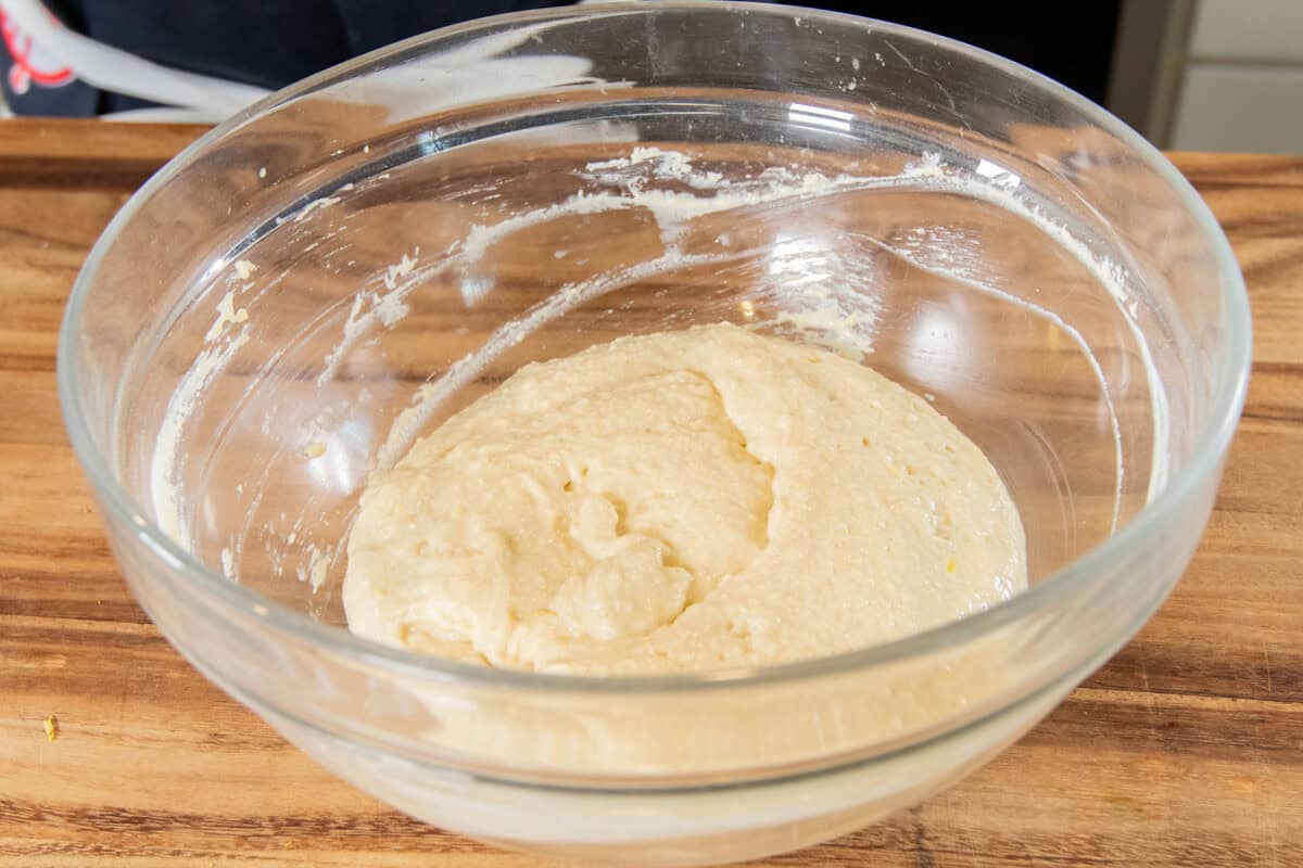 mixed pancake batter in large bowl