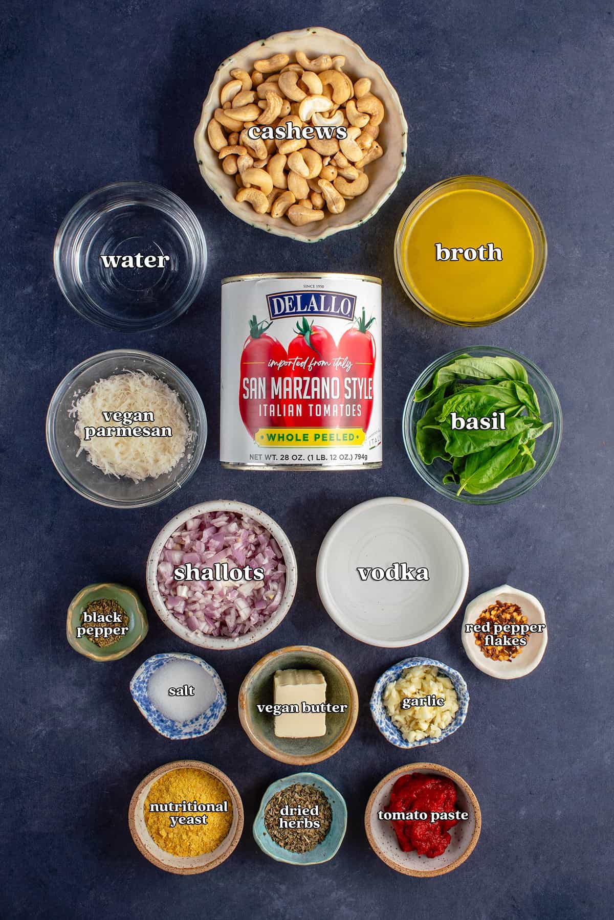 cashews, water, broth, san marzano style italian tomatoes, vegan parmesan, basil, shallots, vodka, black pepper, red pepper flakes, salt, vegan butter, garlic, nutritional yeast, dried herbs, tomato paste