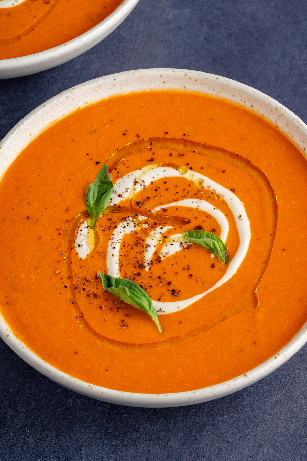 close up of bowl of vodka tomato soup