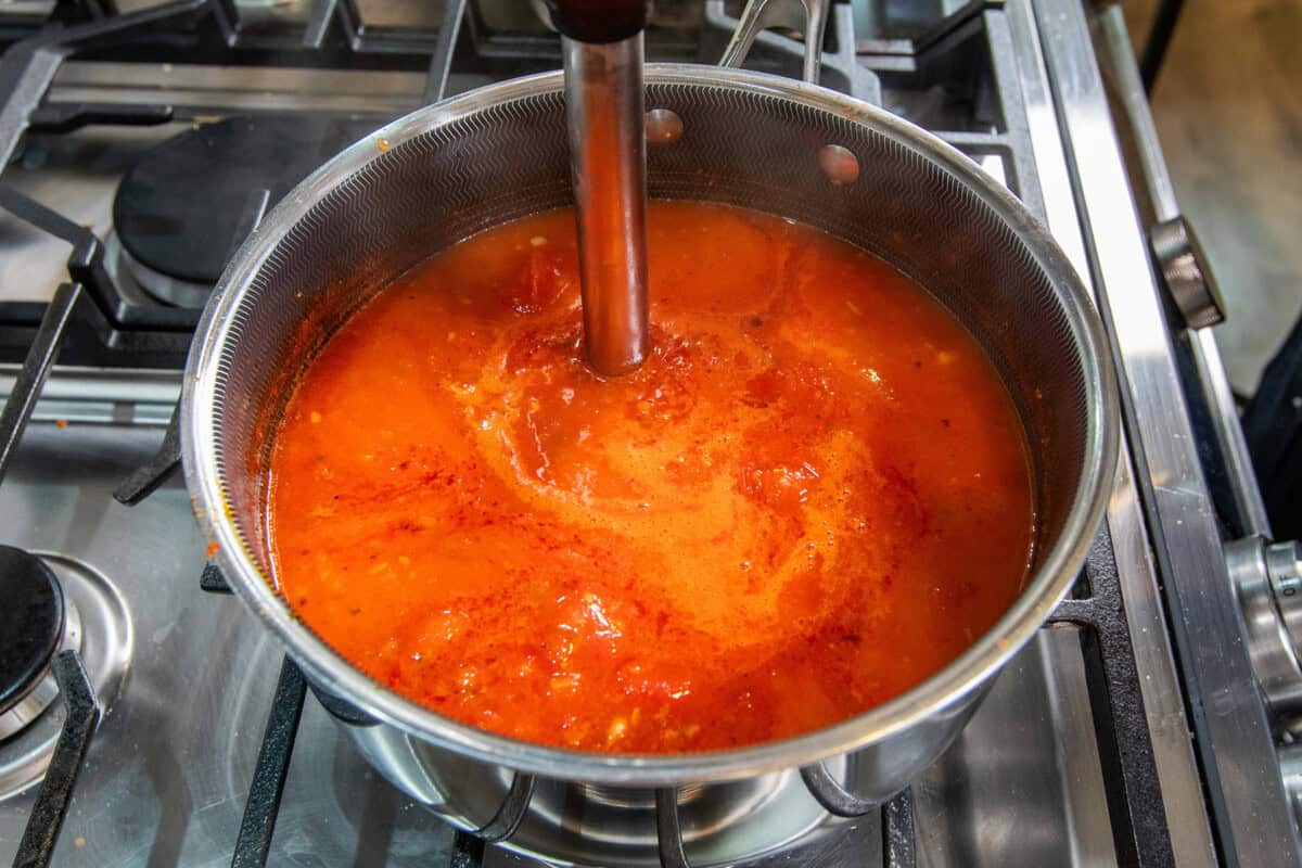 blending soup in pot with immersion blender