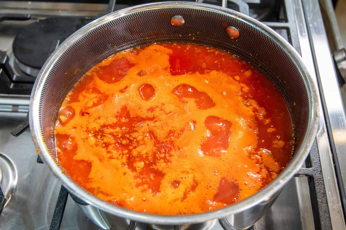 simmering vodka tomato soup in pot