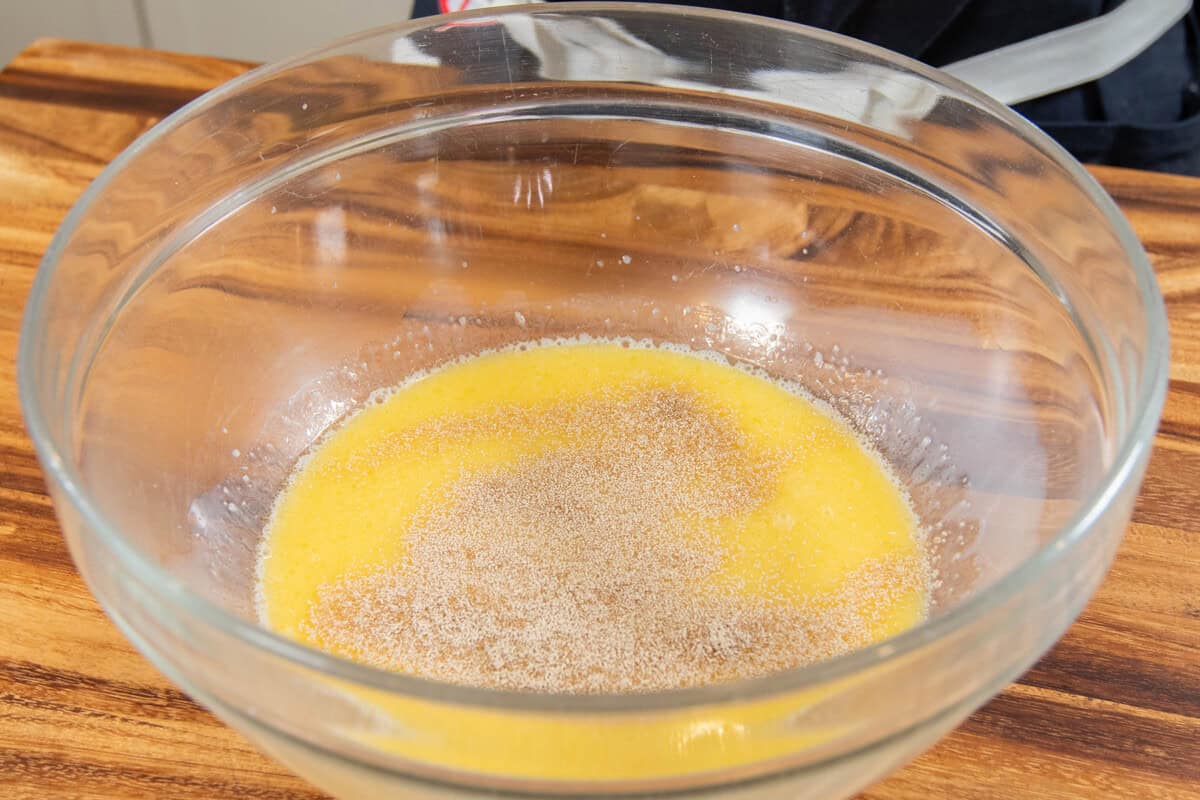 yeast poured into melted vegan brother in a large bowl