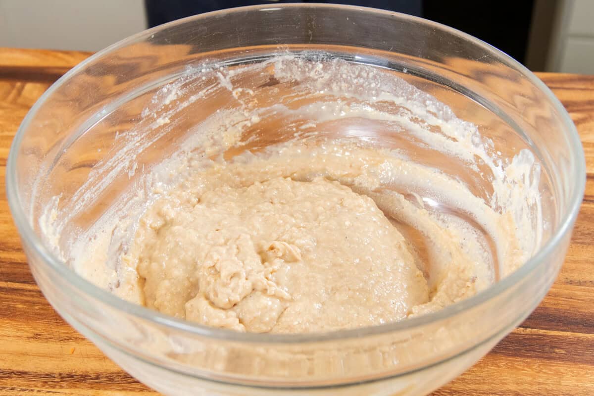 mixed cinnamon roll batter in large bowl