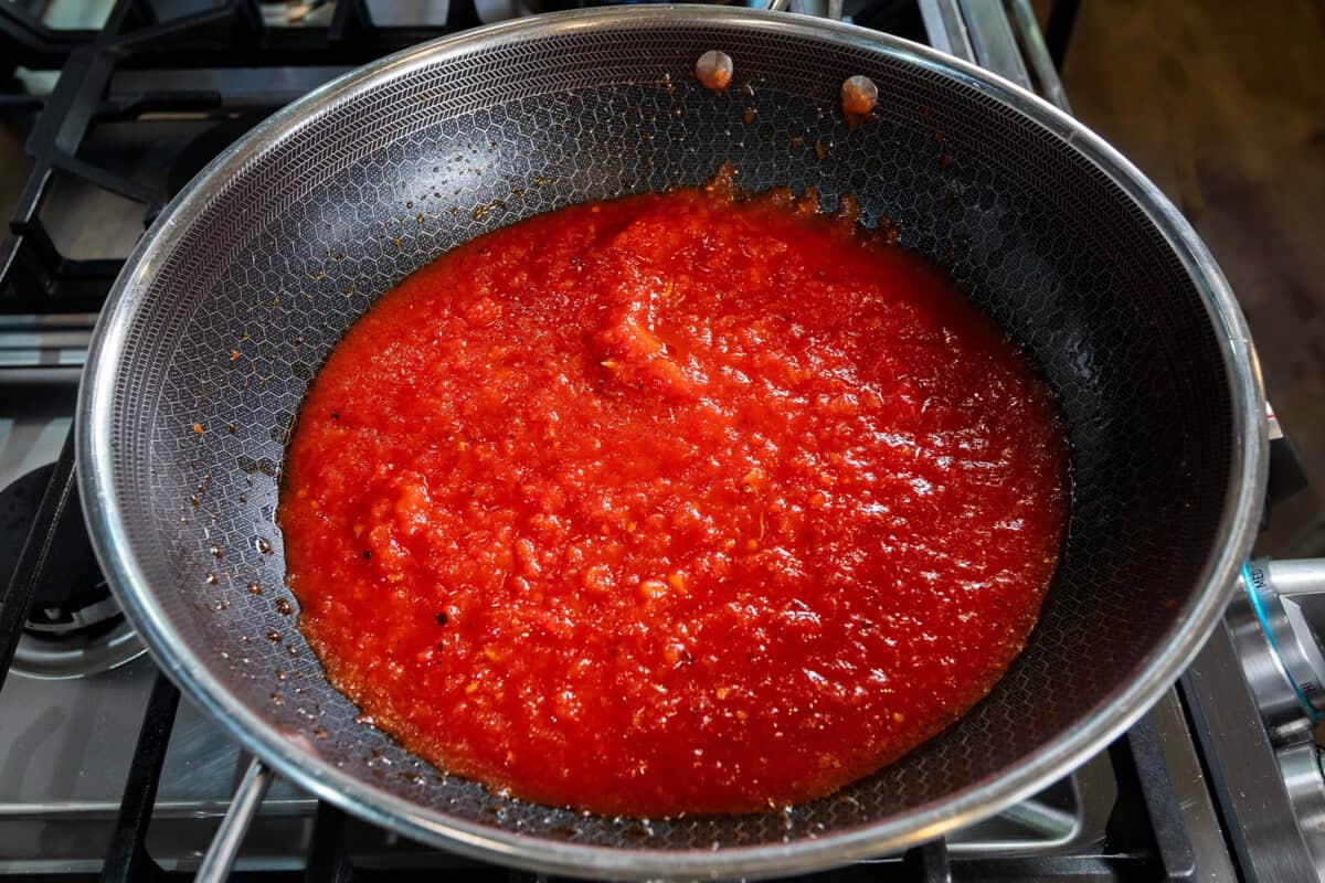pot of homemade tomato sauce for Pasta alla Norma (Eggplant Pasta) recipe
