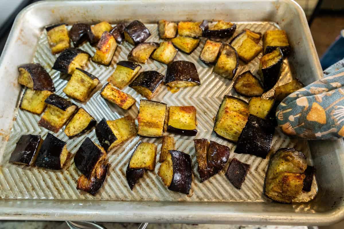 roasted eggplant on baking sheet for Pasta alla Norma (Eggplant Pasta) recipe