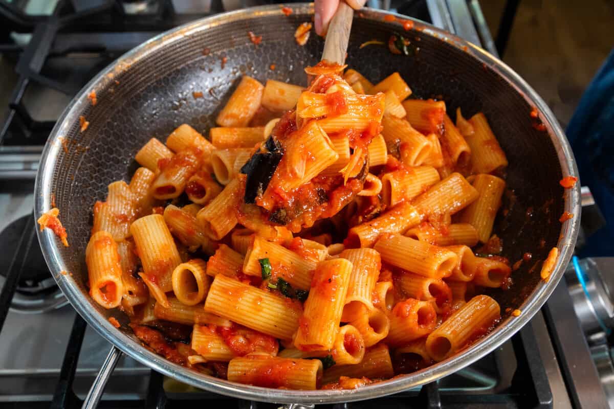 a photo of a pot of Pasta alla Norma (Eggplant Pasta)
