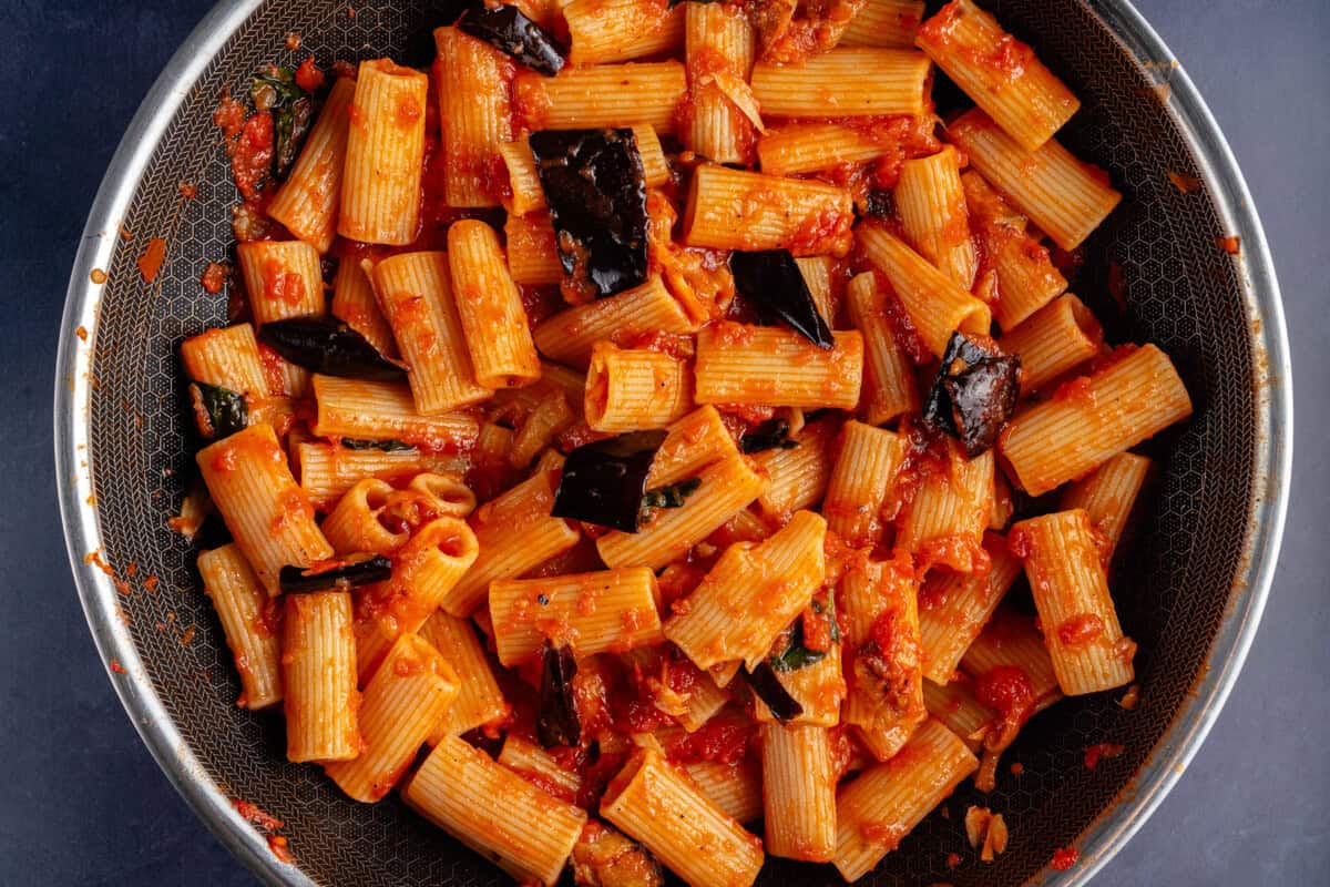 overhead photo of a pot of Pasta alla Norma (Eggplant Pasta)
