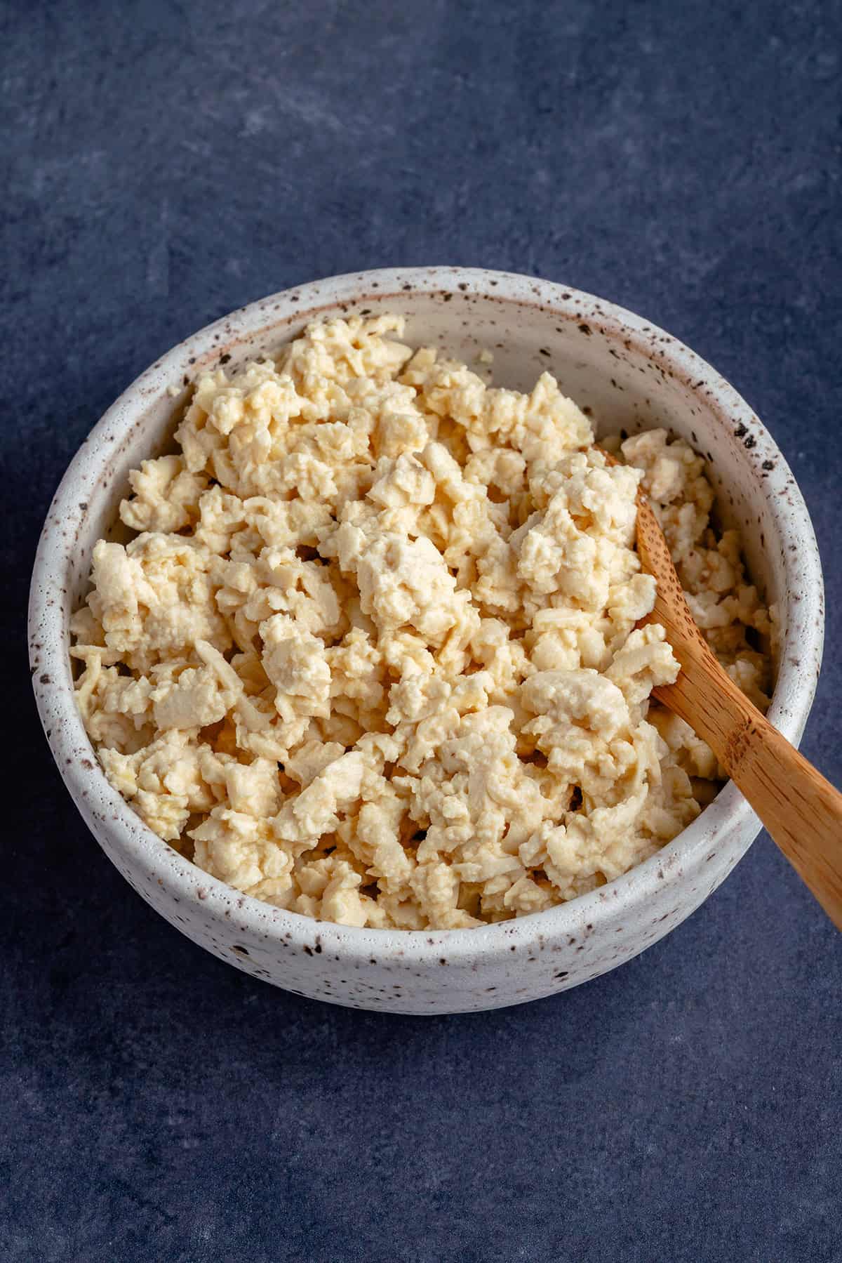 overhead photo of vegan ricotta salata in a white bowl