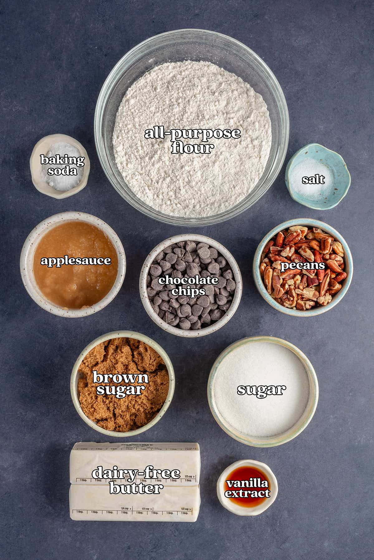 all-purpose flour, baking soda, salt, applesauce, chocolate chips, pecans, brown sugar, sugar, dairy-free butter, vanilla extract