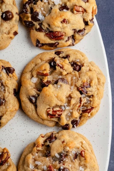 Chunky Chocolate Chip Pecan Cookies on white platter