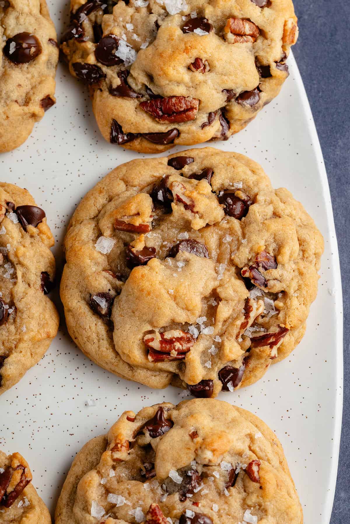 Chunky Chocolate Chip Pecan Cookies on white platter